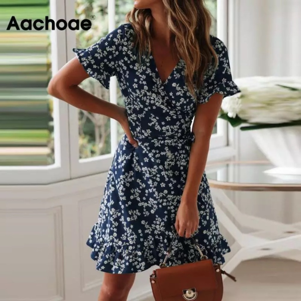 Women's Bohemian Floral Printed Wrap V Neck Short Sleeve Dress